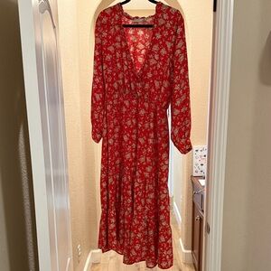 Red Floral Long Sleeve Maxi Dress
